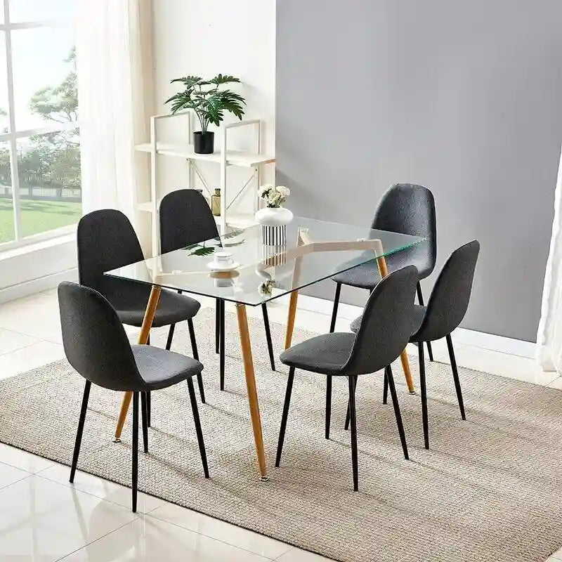 Table de salle à manger/cuisine moderne avec plateau en verre et chaises en tissu