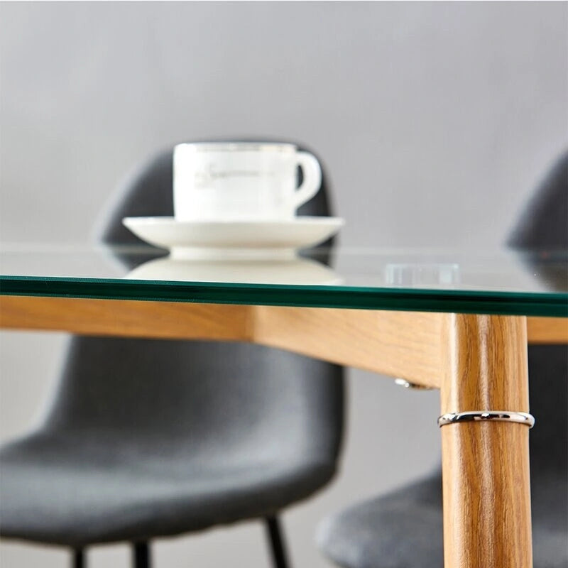 Table de salle à manger/cuisine moderne avec plateau en verre et chaises en tissu
