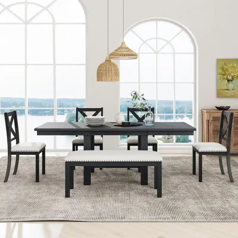 6-Piece Extendable Dining Table Set with 4 Chairs and Bench