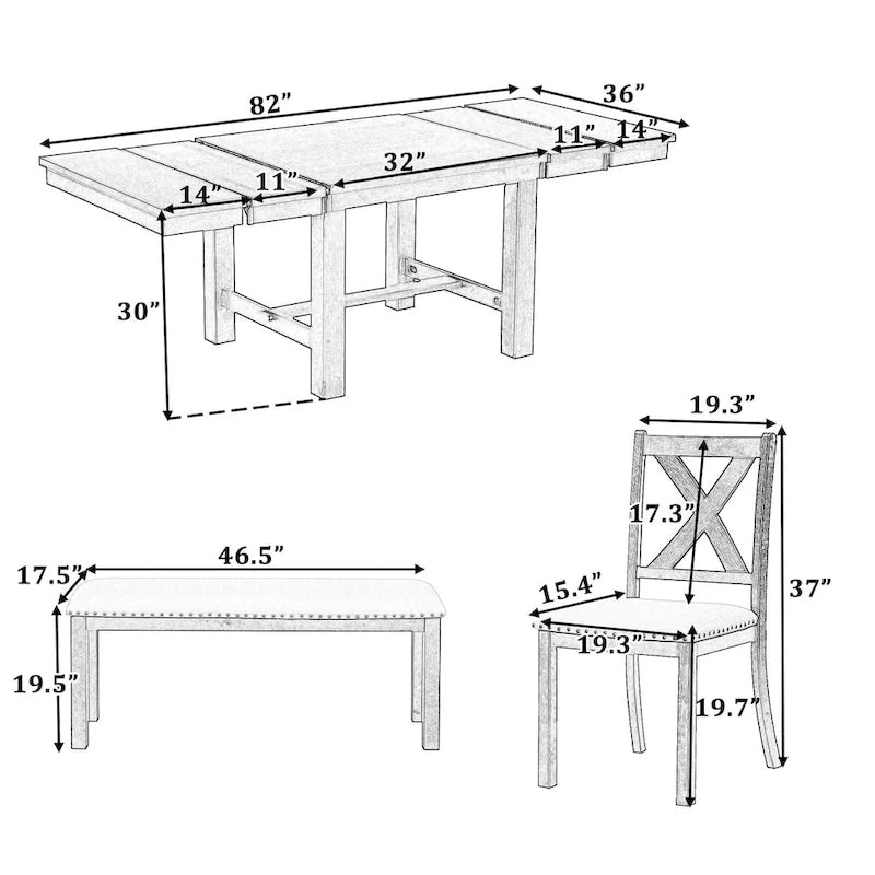 6-Piece Extendable Dining Table Set with 4 Chairs and Bench