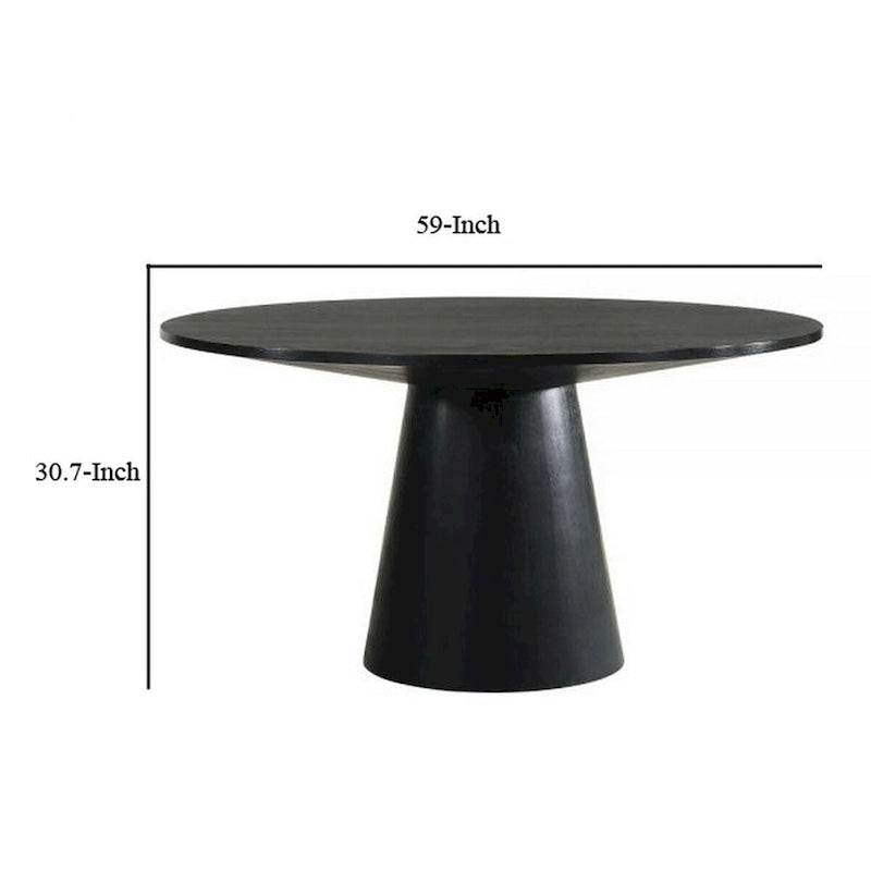 Table à manger Fin de 59 pouces, surface ronde, pied central, bois d'hévéa, noir