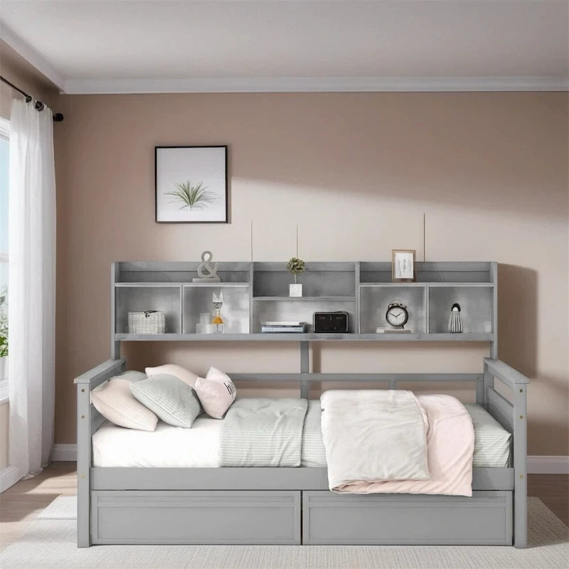 Full Size Wood Daybed with Bedside Shelf and Two Drawers