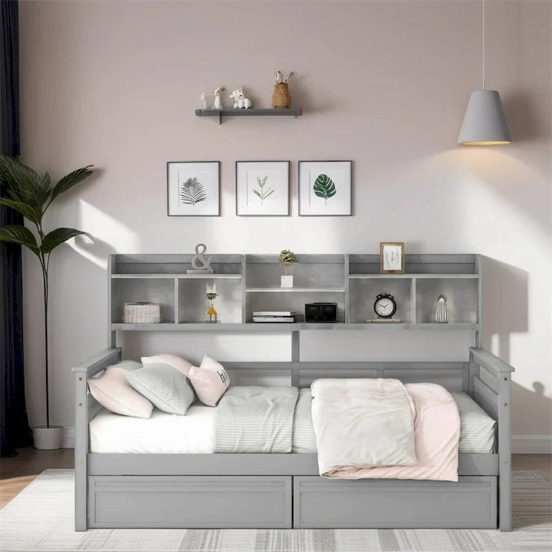 Full Size Wood Daybed with Bedside Shelf and Two Drawers