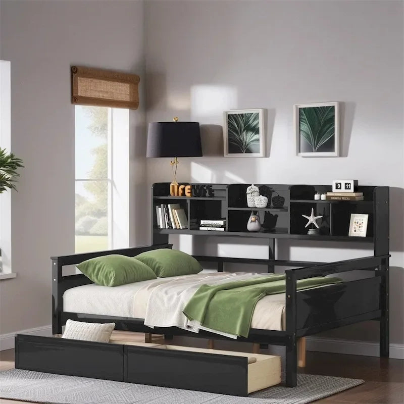 Full Size Wood Daybed with Bedside Shelf and Two Drawers