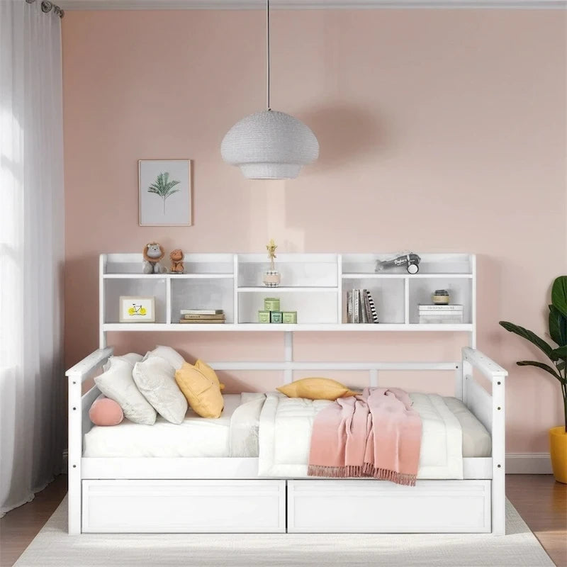 Full Size Wood Daybed with Bedside Shelf and Two Drawers