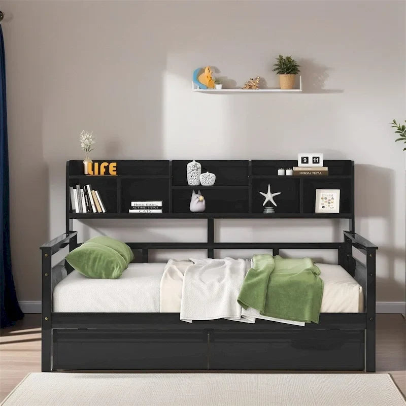 Full Size Wood Daybed with Bedside Shelf and Two Drawers