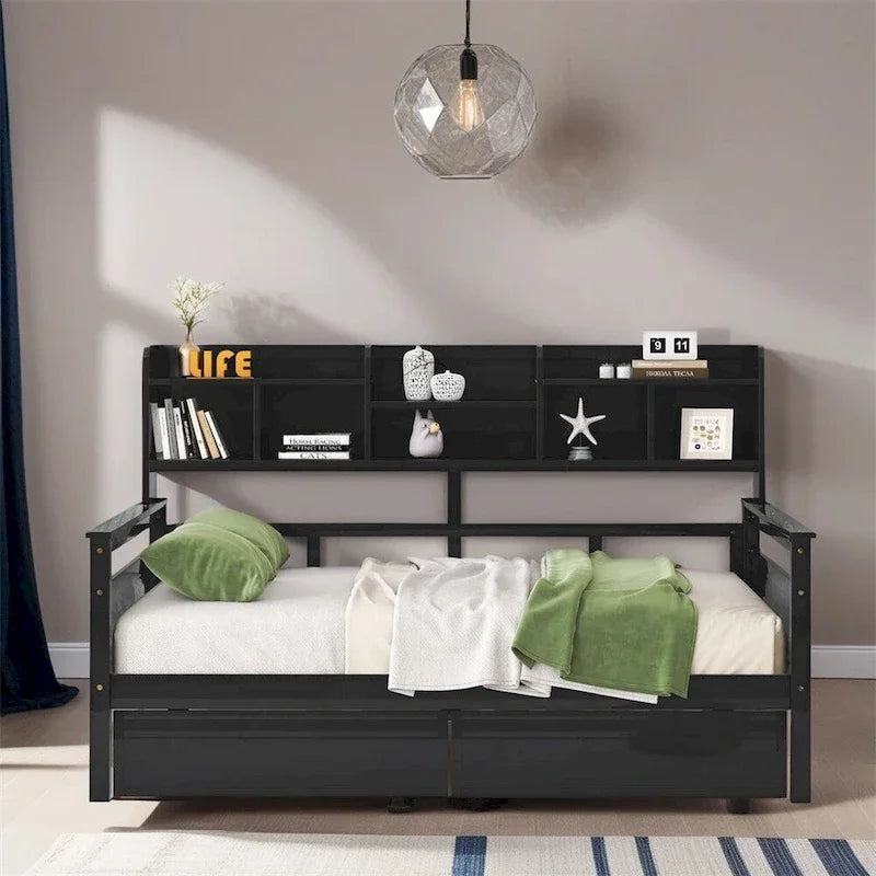 Full Size Wood Daybed with Bedside Shelf and Two Drawers