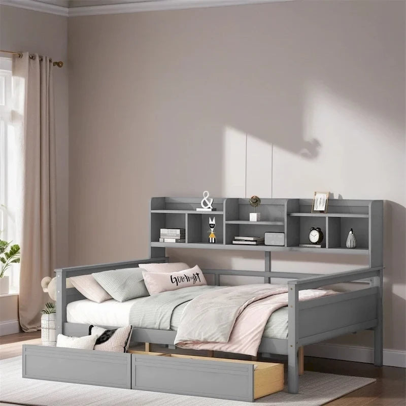 Full Size Wood Daybed with Bedside Shelf and Two Drawers