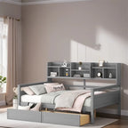 Full Size Wood Daybed with Bedside Shelf and Two Drawers