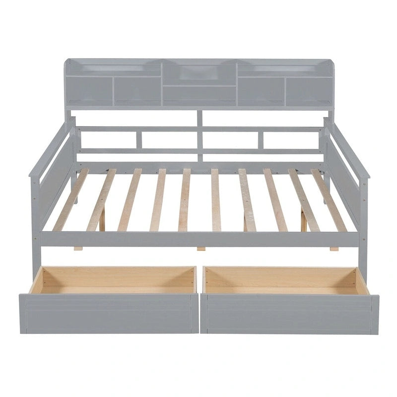 Full Size Wood Daybed with Bedside Shelf and Two Drawers