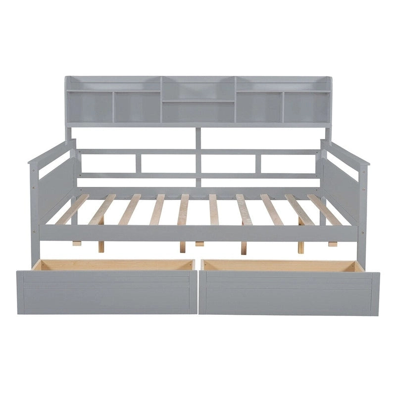 Full Size Wood Daybed with Bedside Shelf and Two Drawers