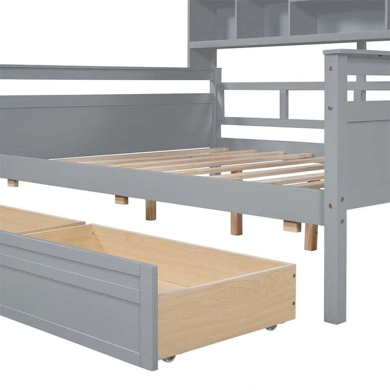 Full Size Wood Daybed with Bedside Shelf and Two Drawers