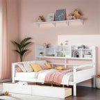 Full Size Wood Daybed with Bedside Shelf and Two Drawers