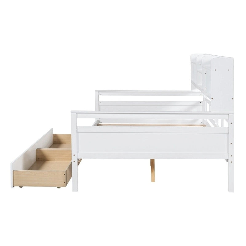 Full Size Wood Daybed with Bedside Shelf and Two Drawers