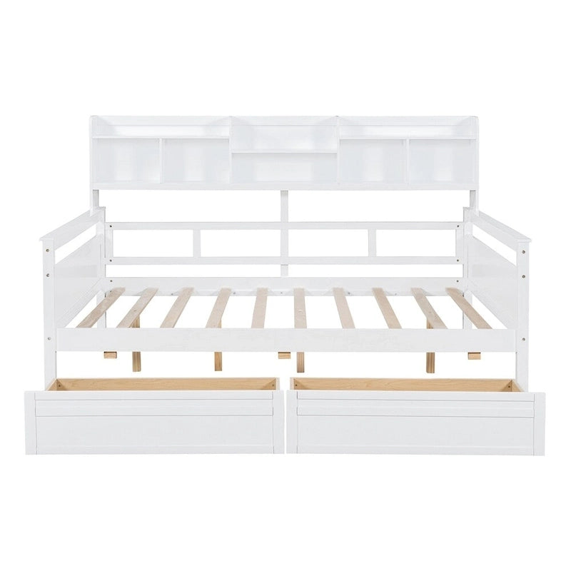Full Size Wood Daybed with Bedside Shelf and Two Drawers