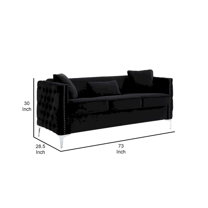 Joel 73 Inch Modern Sofa with 3 Pillows, Tufted Black Velvet, Silver Legs