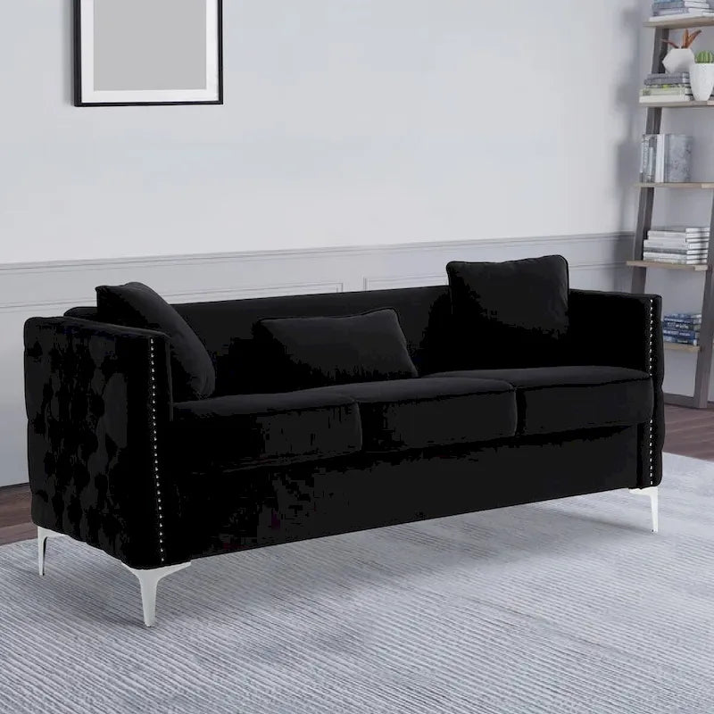 Joel 73 Inch Modern Sofa with 3 Pillows, Tufted Black Velvet, Silver Legs