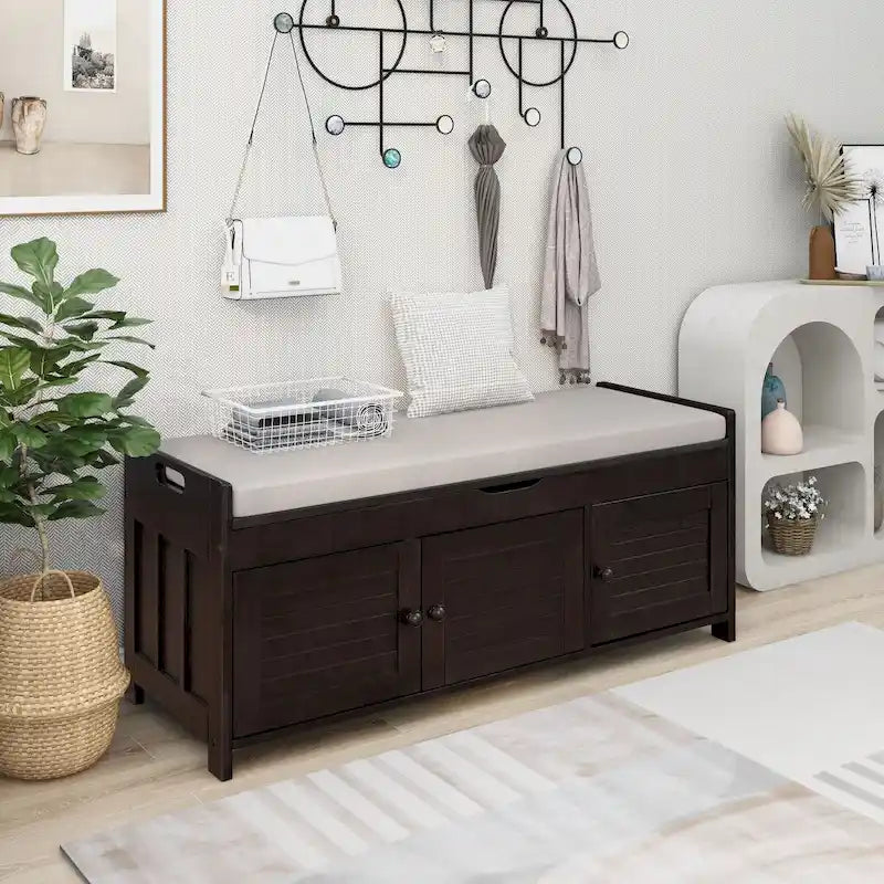 3 Doors Storage Bench with Removable Cushion and Hidden Storage Space
