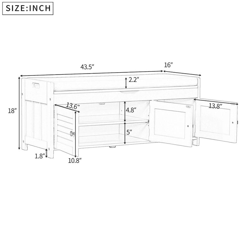3 Doors Storage Bench with Removable Cushion and Hidden Storage Space