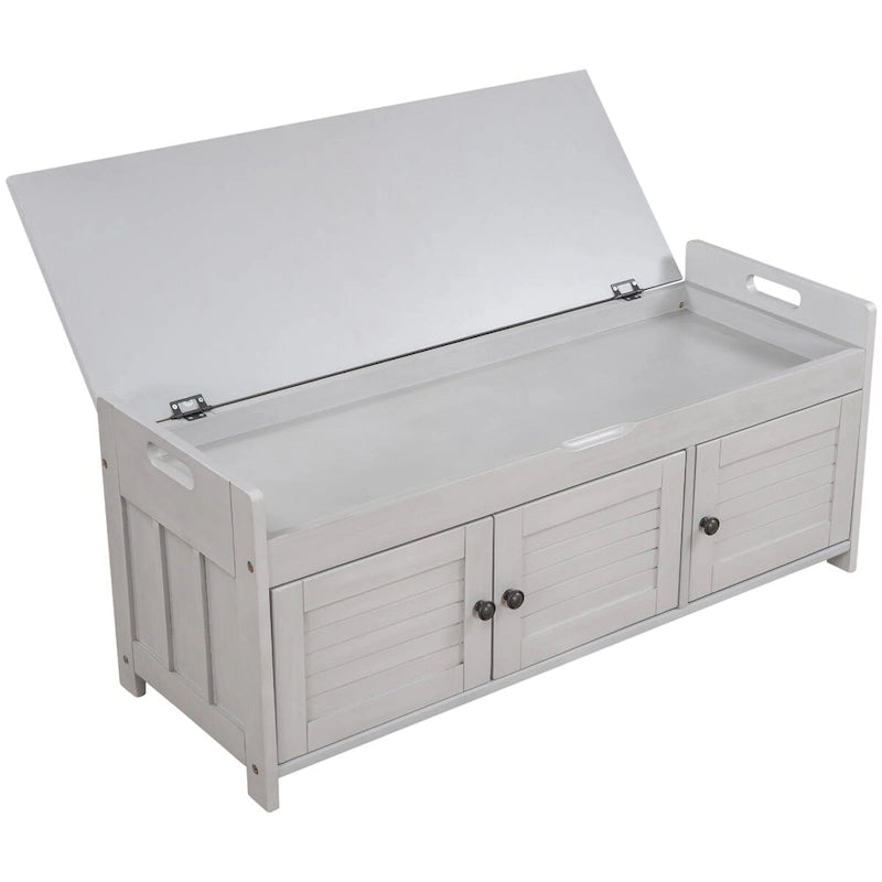 3 Doors Storage Bench with Removable Cushion and Hidden Storage Space