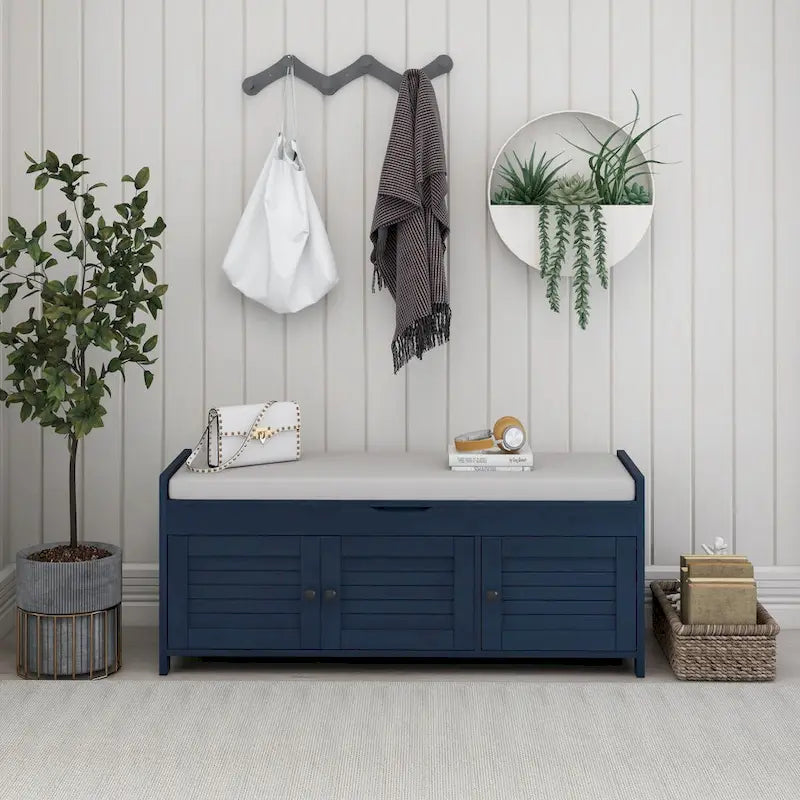 3 Doors Storage Bench with Removable Cushion and Hidden Storage Space