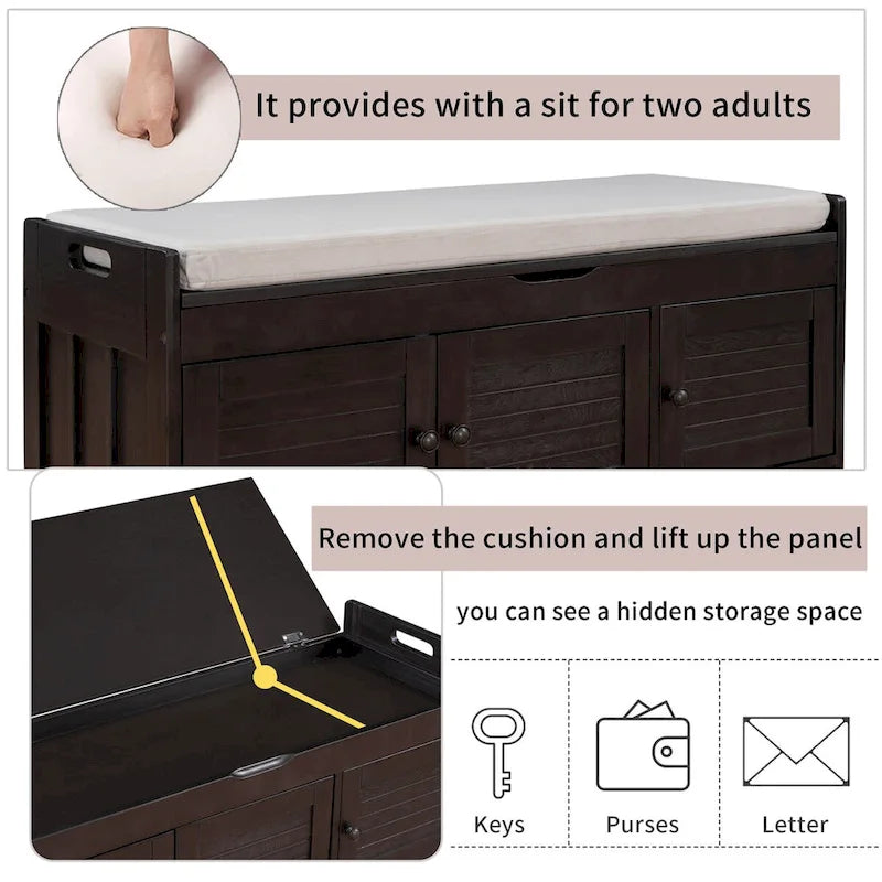 3 Doors Storage Bench with Removable Cushion and Hidden Storage Space