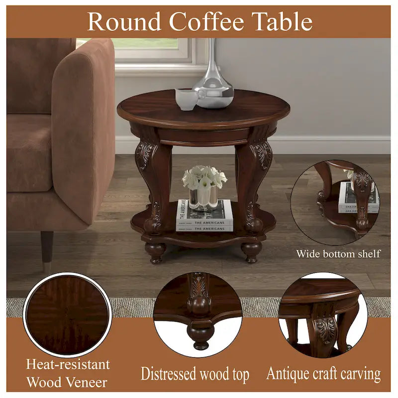 22 Retro Round End Table,Solid Wood Sofa Side Table with Shelf,Living Room Corner Table Easy Assemble