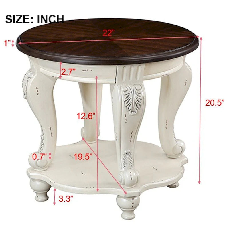 22 Retro Round End Table,Solid Wood Sofa Side Table with Shelf,Living Room Corner Table Easy Assemble