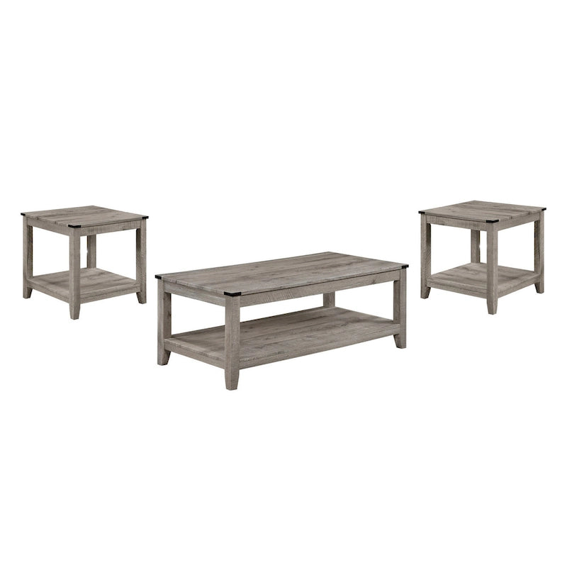 Ensemble de 3 tables basses et d'appoint Hilton, bois, étagère de rangement, finition beige