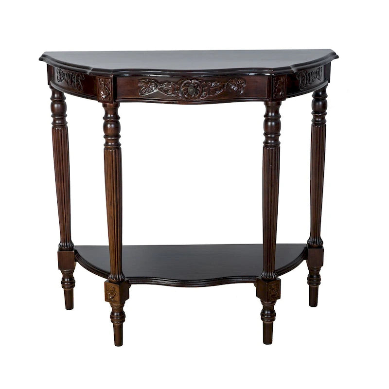 Half Crescent Moon Shape Engraved Wooden Console Table with 1 Drawer,Brown