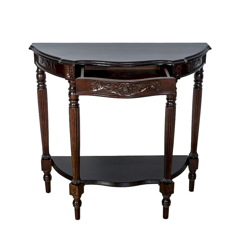 Console en bois gravée en forme de demi-lune avec 1 tiroir, marron
