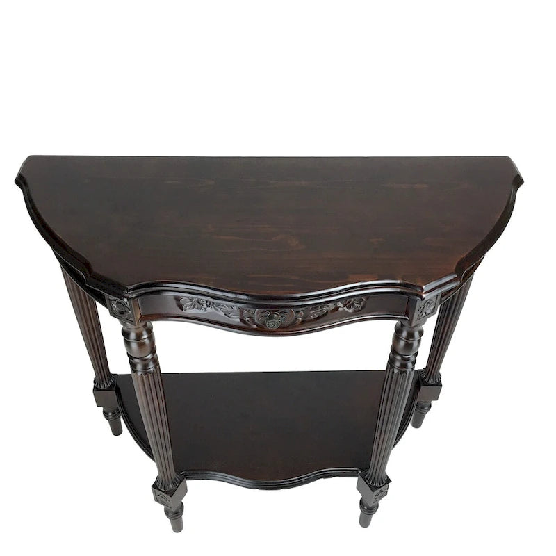 Console en bois gravée en forme de demi-lune avec 1 tiroir, marron