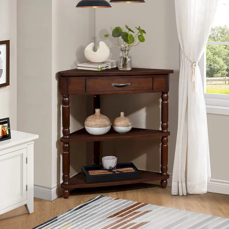 33.8Small Triangle Corner Table, Wood Side Table for Small Spaces Living Room, 3 Tier End Corner Table with Solid Wood Legs