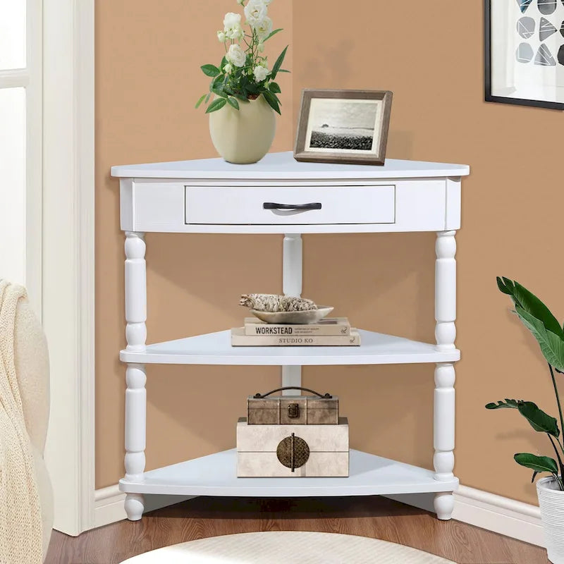 33.8Small Triangle Corner Table, Wood Side Table for Small Spaces Living Room, 3 Tier End Corner Table with Solid Wood Legs