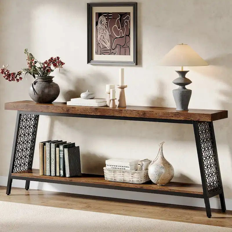Table console de 70,9 pouces, table de canapé extra longue à 2 niveaux, table d'entrée industrielle