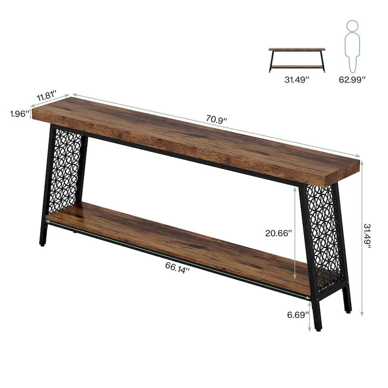 Table console de 70,9 pouces, table de canapé extra longue à 2 niveaux, table d'entrée industrielle