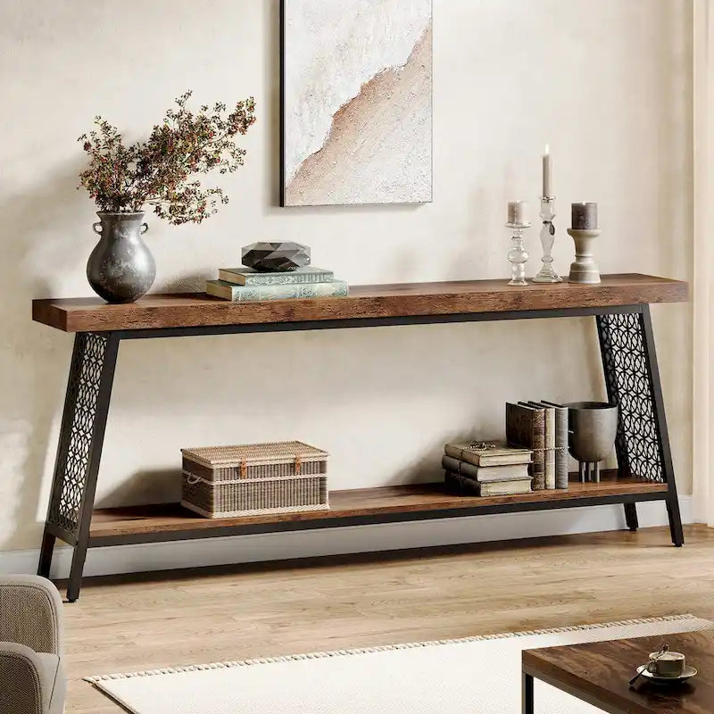 Table console de 70,9 pouces, table de canapé extra longue à 2 niveaux, table d'entrée industrielle