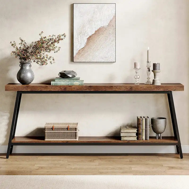 Table console de 70,9 pouces, table de canapé extra longue à 2 niveaux, table d'entrée industrielle