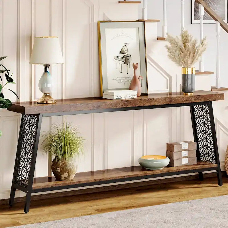 Table console de 70,9 pouces, table de canapé extra longue à 2 niveaux, table d'entrée industrielle