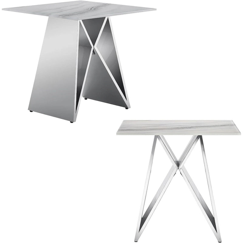 Table d'appoint en verre de luxe avec base en forme de M argentée