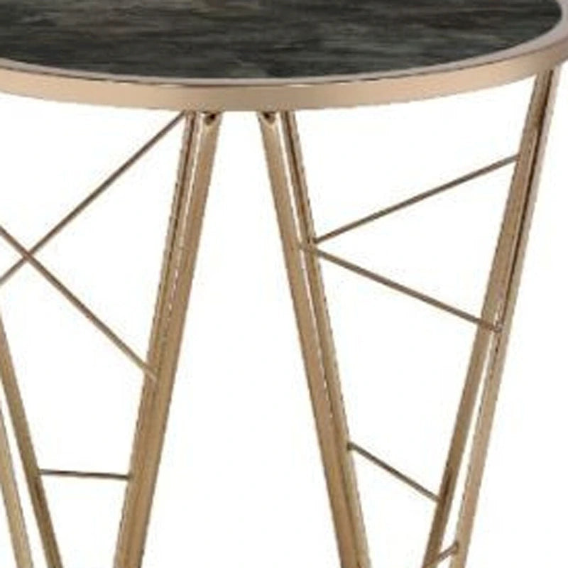 Table d'appoint ronde HomeRoots 24 en verre et métal imitation marbre champagne et noir - 22' X '24' X '22