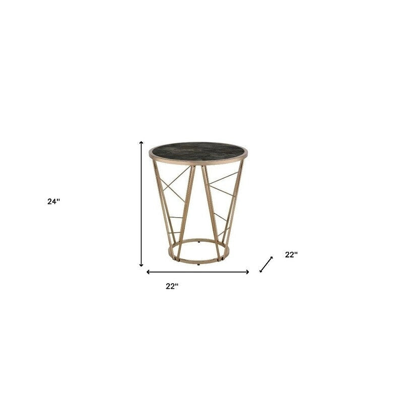 Table d'appoint ronde HomeRoots 24 en verre et métal imitation marbre champagne et noir - 22' X '24' X '22