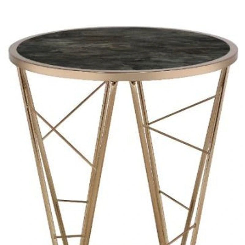 Table d'appoint ronde HomeRoots 24 en verre et métal imitation marbre champagne et noir - 22' X '24' X '22