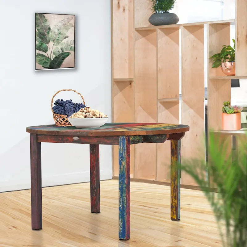 Table à manger ronde en teck chic fabriquée à partir d'anciens bateaux en bois de teck recyclé, 48 pouces - Multicolore