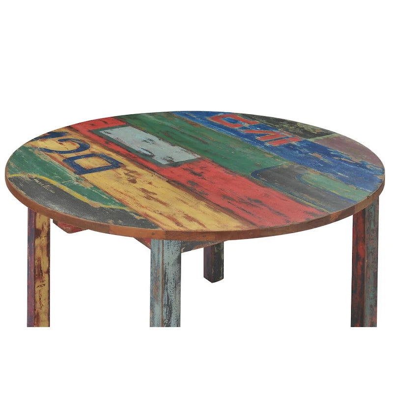 Table à manger ronde en teck chic fabriquée à partir d'anciens bateaux en bois de teck recyclé, 48 pouces - Multicolore