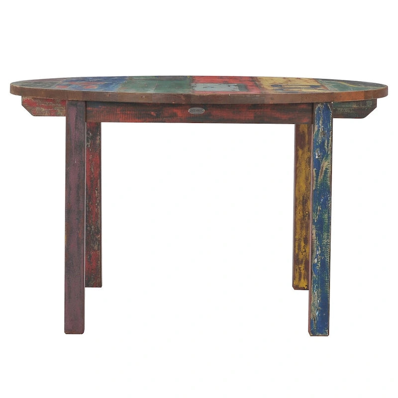 Table à manger ronde en teck chic fabriquée à partir d'anciens bateaux en bois de teck recyclé, 48 pouces - Multicolore