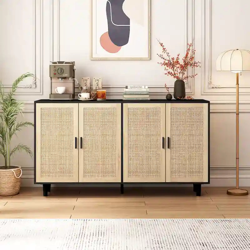 Armoire de rangement décorative en rotin à 4 portes fonctionnelles