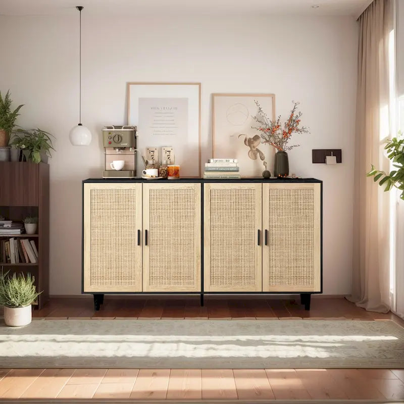 Armoire de rangement décorative en rotin à 4 portes fonctionnelles