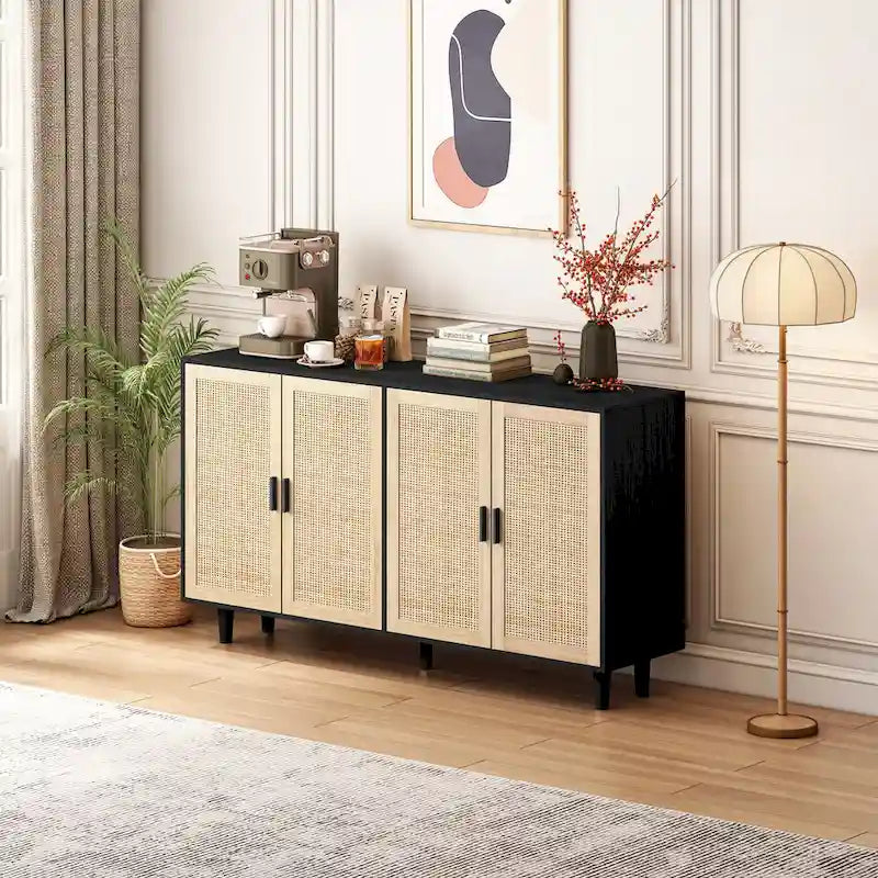 Armoire de rangement décorative en rotin à 4 portes fonctionnelles