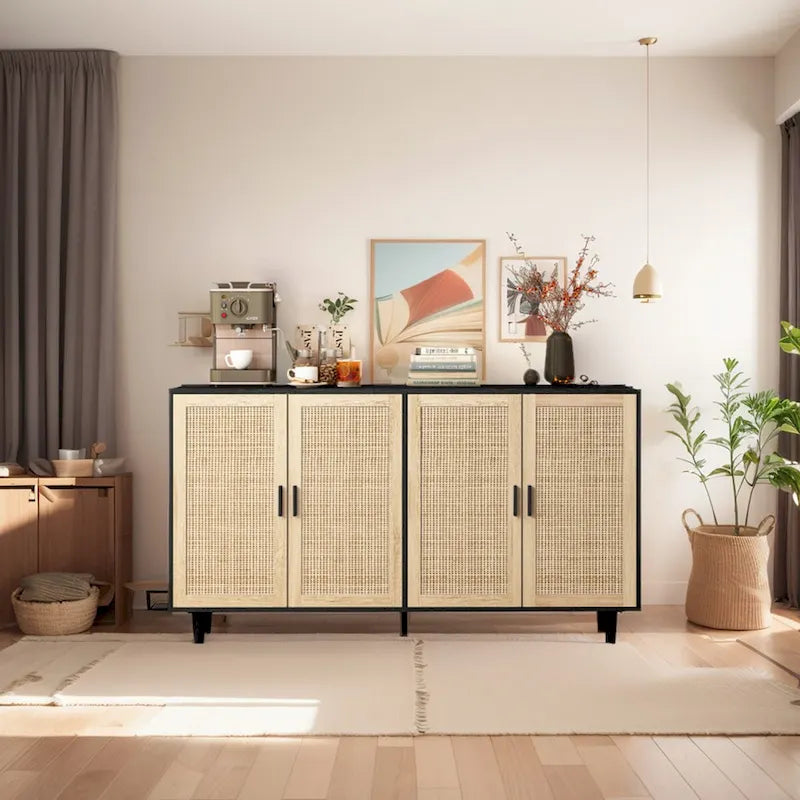Armoire de rangement décorative en rotin à 4 portes fonctionnelles